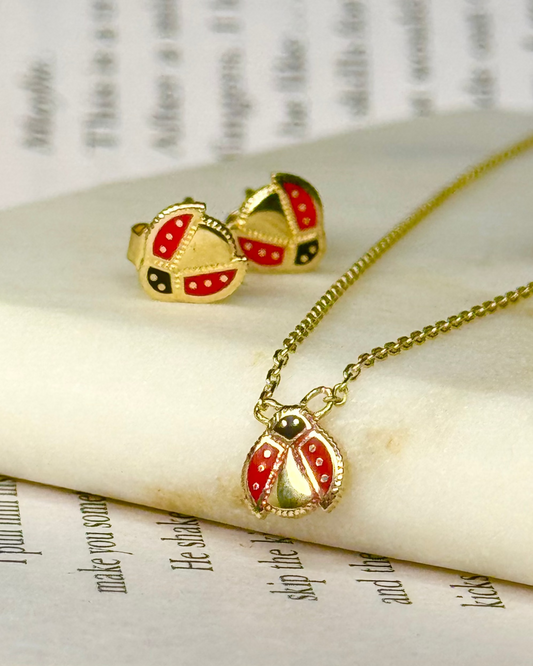 Ladybug Charm Set · Necklace & Studs — 14k Gold