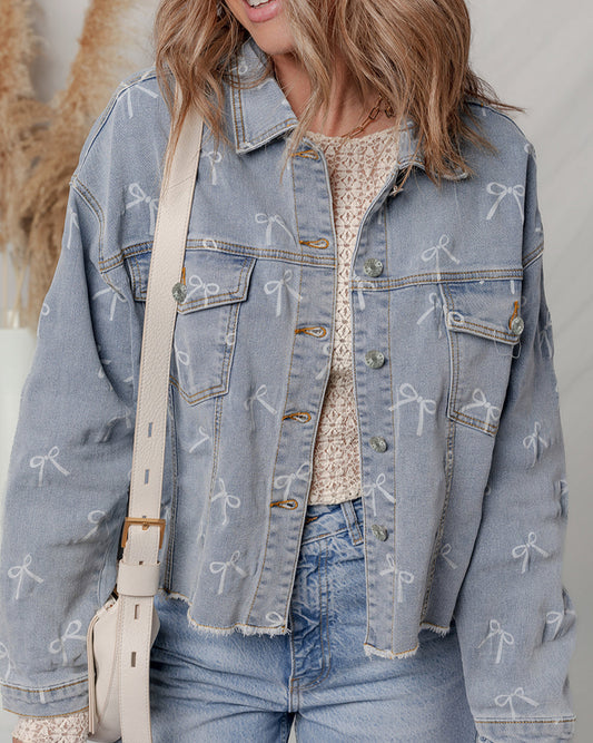 Sky Blue Bow Knot Print  Denim Jacket